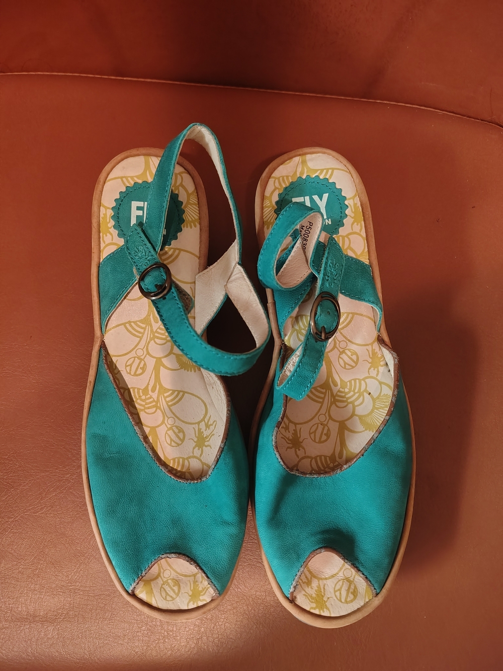 Fly London Teal Open-Toe Slingback Wedge Sandals